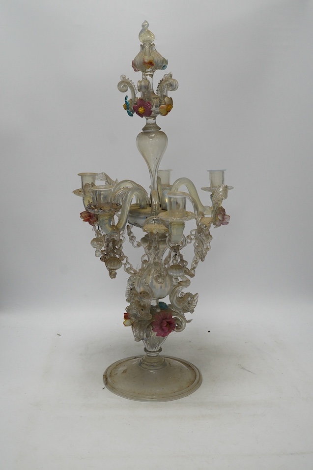 A 19th century Venetian glass candelabrum, 59cm. Condition - poor, several minor breaks